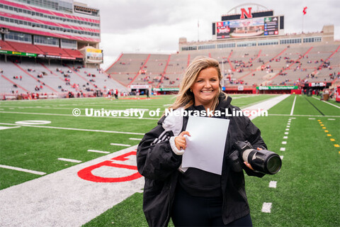 Freshman Meg Gross poses for a photo before the Husker football spring game. April 22, 2023.  