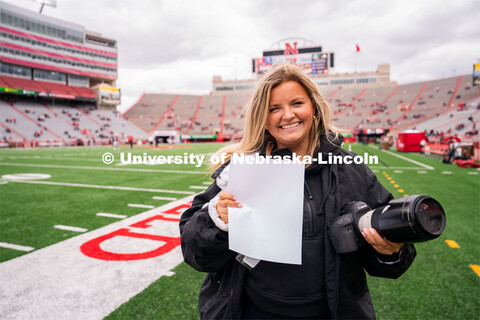 Freshman Meg Gross poses for a photo before the Husker football spring game. April 22, 2023.  