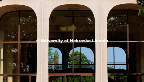 Architecture Hall seen through the windows of the Sheldon Art Museum. City Campus. June 13, 2023. 