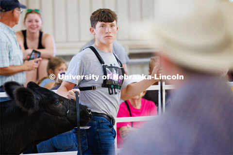 Shelton Crawford of Beatrice eyes the judge during the senior division beef showmanship competition.