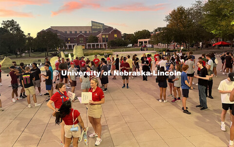 More than 100 students gathered near Broyhill Fountain for the night tour. Big Red Welcome Night Tou