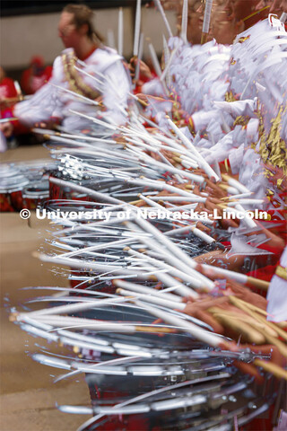 Husker snare drums in a multiple exposure. Nebraska football vs. Louisiana Tech. August 23, 2023. 