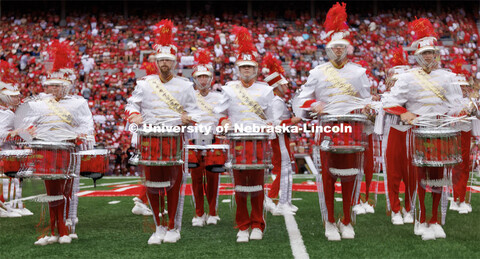 Husker snare drums in a multiple exposure. Nebraska football vs. Louisiana Tech. August 23, 2023. 