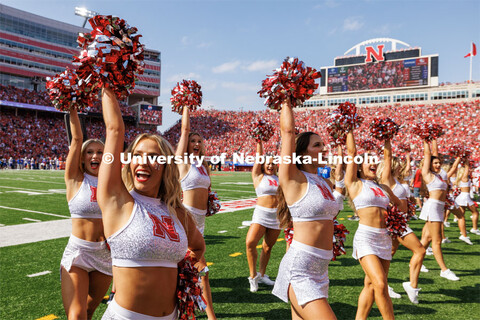 Husker Cheer squad fire up the crowd. Nebraska football vs. Louisiana Tech. August 23, 2023. 