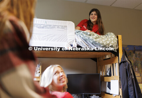 Students hangout together in a  Kauffman Academic Center dorm room. Raikes School photo shoot. Octob