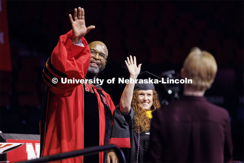 Nachole Carlson asked Chancellor Rodney Bennett to turn and wave with her at her family and friends 