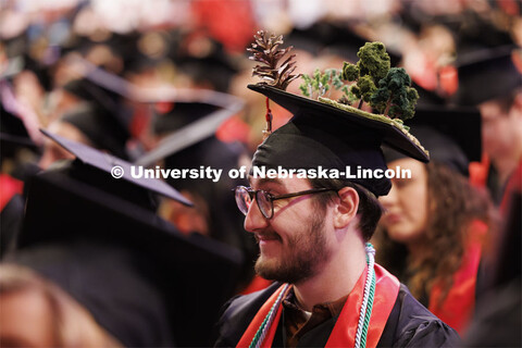 Jacob Hillis decorated his mortar board to celebrate his horticulture degree. Winter undergraduate c