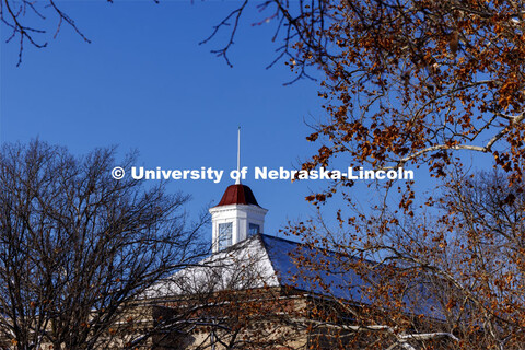 Love Library cupola. Snow on city campus. January 9, 2024. 