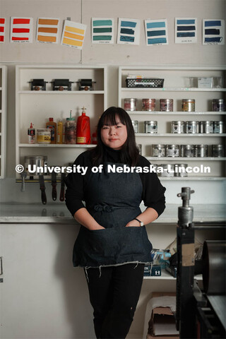 Amy Curtis, a junior in art, in printmaking class in Woods Art Building. January 24, 2024. 