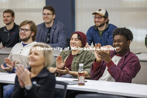 UNO undergraduate students Max Trenhaile, Lunas DeGraw and Fabrice Bokovi watch the liftoff of the r