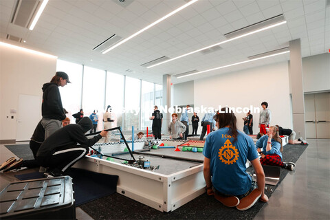 Wide view of warmups at the 2024 VEX Robotics Outreach Tournament hosted in Kiewit Hall. February 10