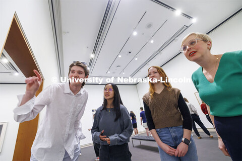 Courtney Hillebrecht, right, listens as, from left, Alex Halvorsen, Jada Sems and Josie Lahm discuss