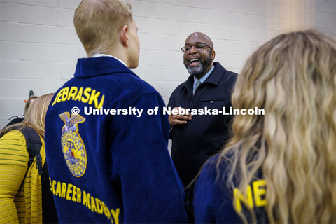 Chancellor Rodney Bennett talks with Austin Kamm, a senior at Lincoln Southwest and an incoming UNL 