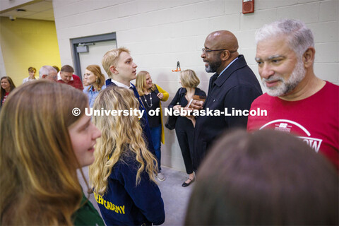 Chancellor Rodney Bennett talks with Austin Kamm, a senior at Lincoln Southwest and an incoming UNL 