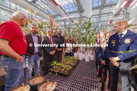 Governor Jim Pillen, at right, and others tour Nebraska Innovation Greenhouse following the Ag Week 