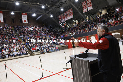 Husker football coach Matt Rhule addressed the crowd at the Admitted Student Day pep rally. Admitted