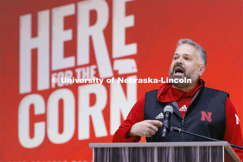 Husker football coach Matt Rhule addressed the crowd at the Admitted Student Day pep rally. Admitted