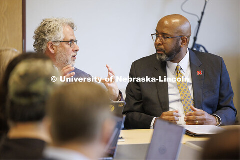 Chancellor Rodney D. Bennett, right, and Dean Andy Belser at the Hixon Lied College of Fine and Perf