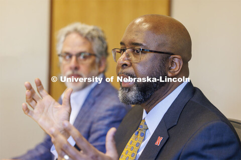 Chancellor Rodney D. Bennett, right, and Dean Andy Belser at the Hixon Lied College of Fine and Perf