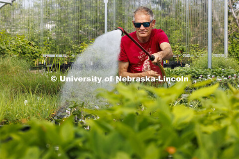 Bob Henrickson waters the plants growing in the east campus greenhouse for the plant sale. 2024 Spri