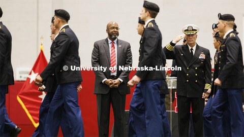 Chancellor Rodney D. Bennett and Captain Orlando S. Bowman stand in review of the Army Cadets. Joint