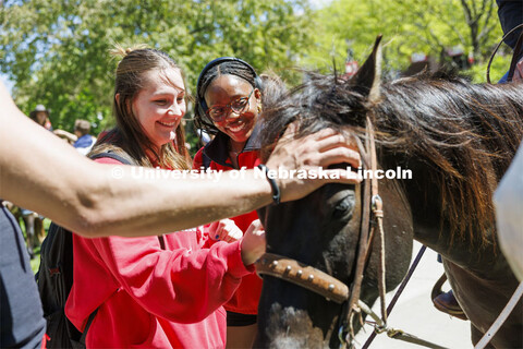 Kyrnlie Simpson and her friend, Ophelie Wilson pet a horse Monday afternoon. The Nebraska Rodeo Team