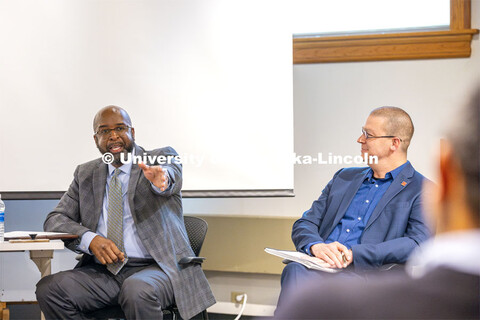 Chancellor Rodney D. Bennett, left, and Kevin Van Den Wymelenberg at the College of Architecture lis