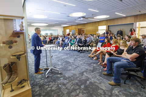 Tom Field, director of the Engler program, talks about Paul Engler to the crowd gathered for the Eng