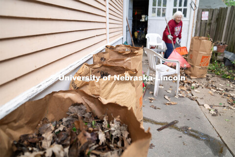 Bags of leaves raked by student volunteers and homeowner Terri Hatch during the Big Event. May 4, 20