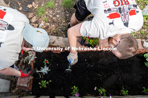 Tyson Shields (left) and Samuel Ingledue (right), members of Delta Phi Fraternity go to work at plan