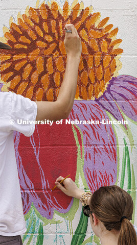 Students paint a coneflower on the mural. ARTS 398 - Special Topics in Studio Art III taught by Sand