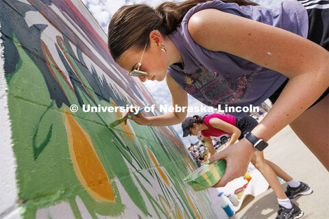 Lea Bushey, a senior in graphic design, paints stems of grass on the mural. ARTS 398 - Special Topic