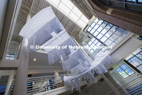 Cloth sculpture by Nate Bicak, associate professor of interior design, hanging in the College of Arc