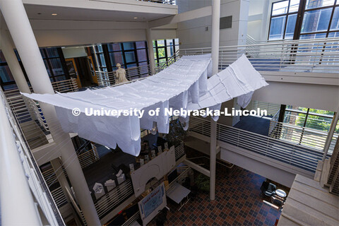 Cloth sculpture by Nate Bicak, associate professor of interior design, hanging in the College of Arc