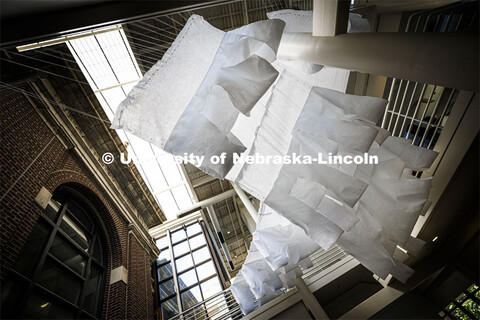 Cloth sculpture by Nate Bicak, associate professor of interior design, hanging in the College of Arc