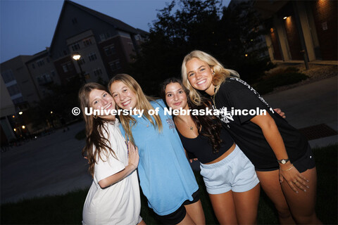 Four young ladies pose for a picture at the Block Party at Harper Schramm Smith residence halls. Aug