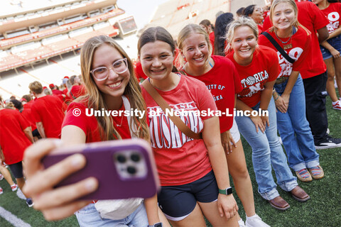 Students pose for a selfie. Tunnel Walk into Memorial Stadium for incoming students as part of Big R