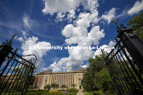 Exterior south view of Love Library on a cloudy day. City Campus. August 30, 2024. 