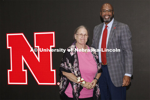 Chancellor Rodney D. Bennett poses with Anita Kreps, Database Projects Specialist in the University 