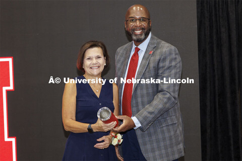Chancellor Rodney D. Bennett poses with Catherine Urban, Quality Assurance Specialist in the Office 