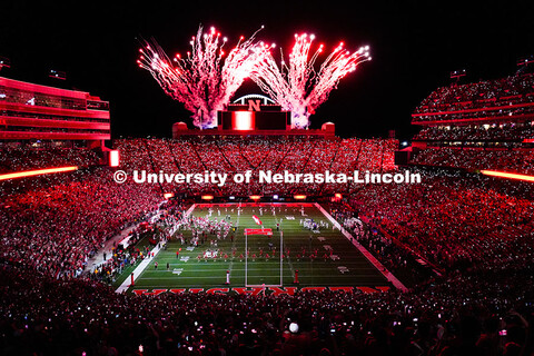 Red light celebration and fireworks between third and fourth quarters of the Nebraska vs Northern Io