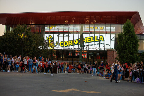 The Cornchella logo is shown on the Jumbo Tron in the Nebraska Training Complex. 2024 Homecoming cel