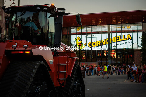 The Cornchella logo is shown on the Jumbo Tron in the Nebraska Training Complex. 2024 Homecoming cel