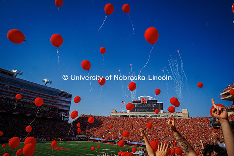 Red balloons are released at the Nebraska vs Rutgers football game. Homecoming game. October 5, 2024