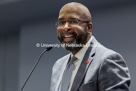 Chancellor Rodney Bennett speaks to attendees inside the Willa Cather Dining Complex Red Cloud Room.