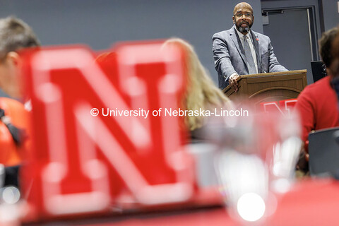 Chancellor Rodney Bennett speaks to attendees inside the Willa Cather Dining Complex Red Cloud Room.