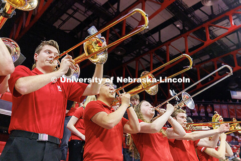 The Cornhusker Marching Band plays during round one of the NCAA Volleyball Tournament at the Bob Dev