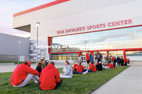 Nebraska volleyball fans wait outside the Bob Devaney Sports Center ahead of round two of the NCAA V