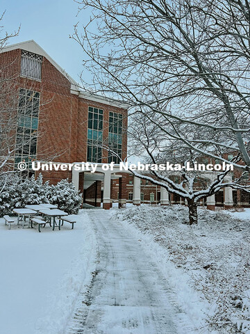 The Kauffman Academic Ceneter is covered in snow. Snow on City Campus. January 8, 2024. Taylor DeMar