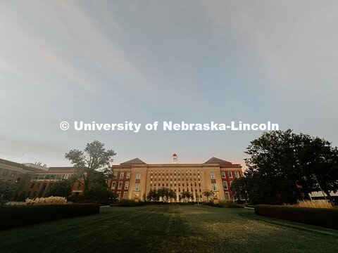 View of the south side of Love Library and Love Gardens. Summer photos on City Campus. July 1, 2024.